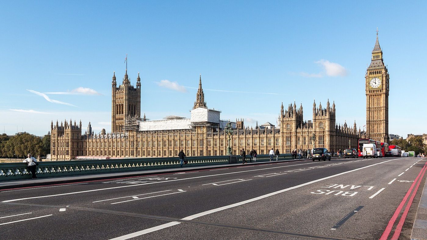 The Palace of Westminster from Westminster Bridge: the river front, the pinnacled roofline and the Elizabeth Tower