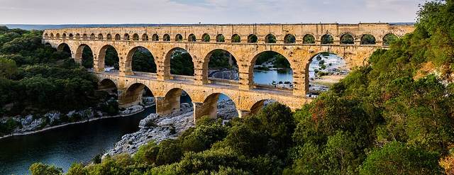 Tiered semicircular arches of the Roman aqueduct at Pont du Gard
