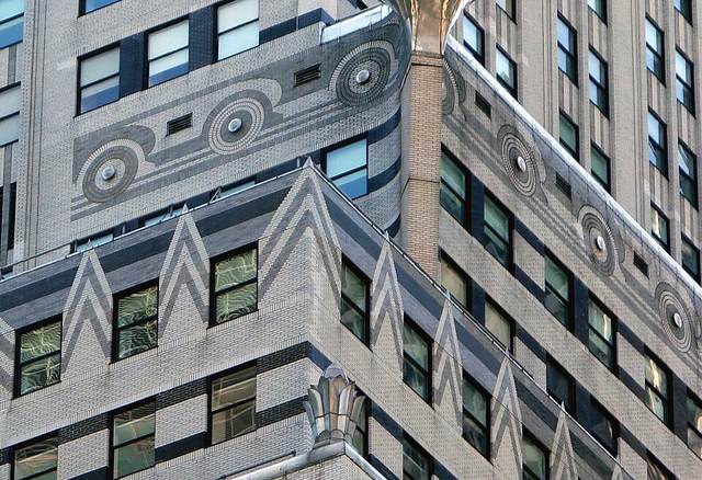 Close view of geometric Art Deco motifs in stone and metal on the Chrysler Building