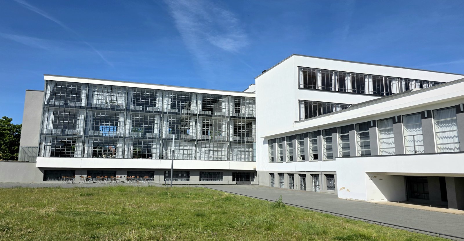 The Bauhaus building in Dessau, its glass workshop wing and bridge block