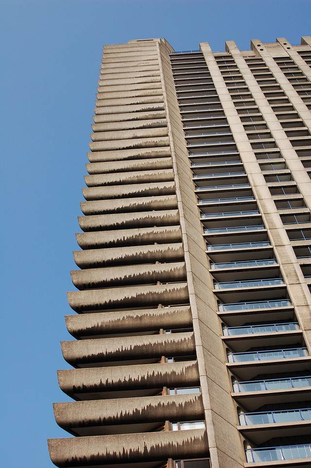 Barbican Estate concrete towers and podium in London