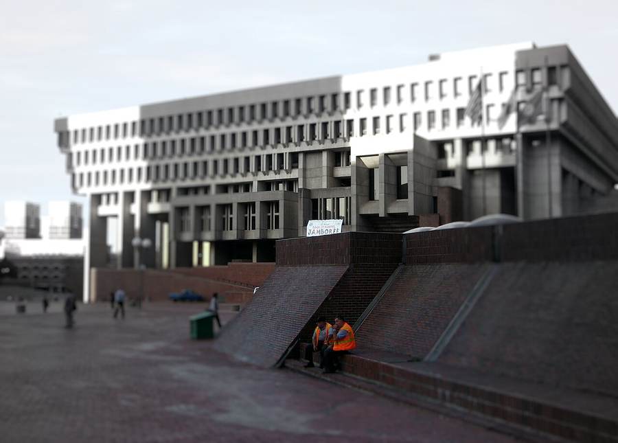 Boston City Hall, stepped inverted pyramid of precast concrete over an open brick plaza