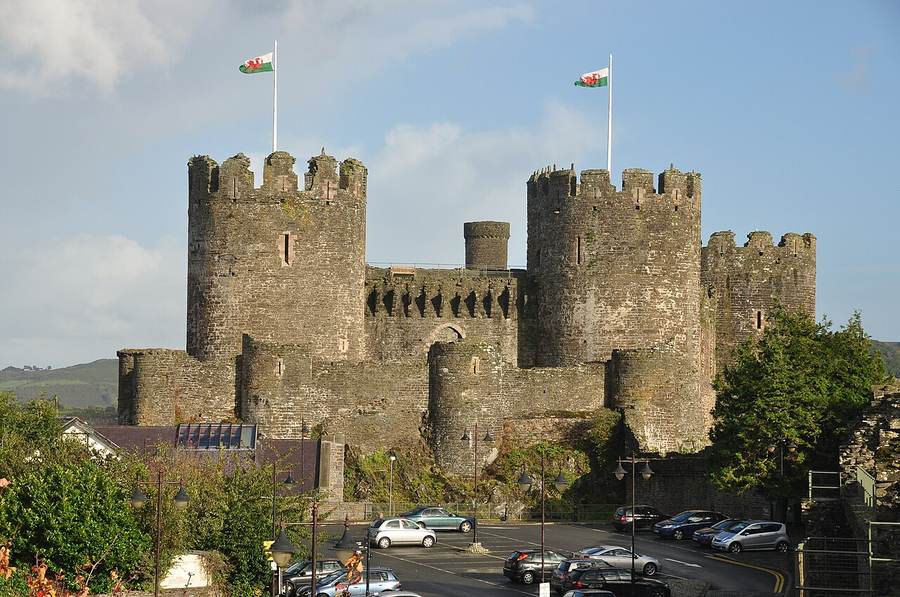 Curtain walls and towers of Conwy Castle in Wales