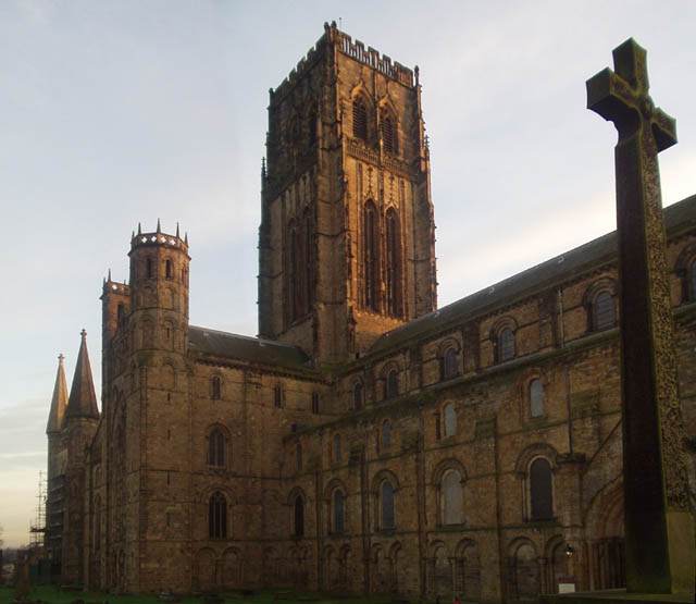 Durham Cathedral from across the River Wear, its massive Romanesque towers and solid stone mass above the gorge