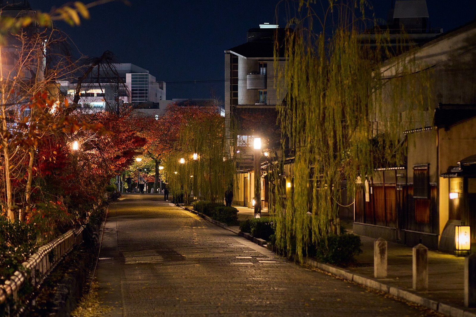 A street of machiya in Gion, Kyoto, at night