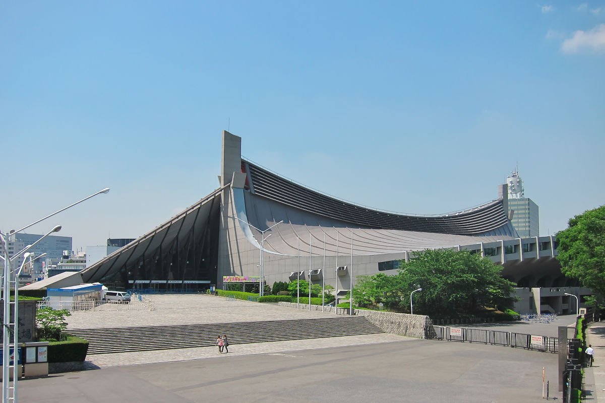 The sweeping suspended roof of the First Gymnasium at Yoyogi, Tokyo