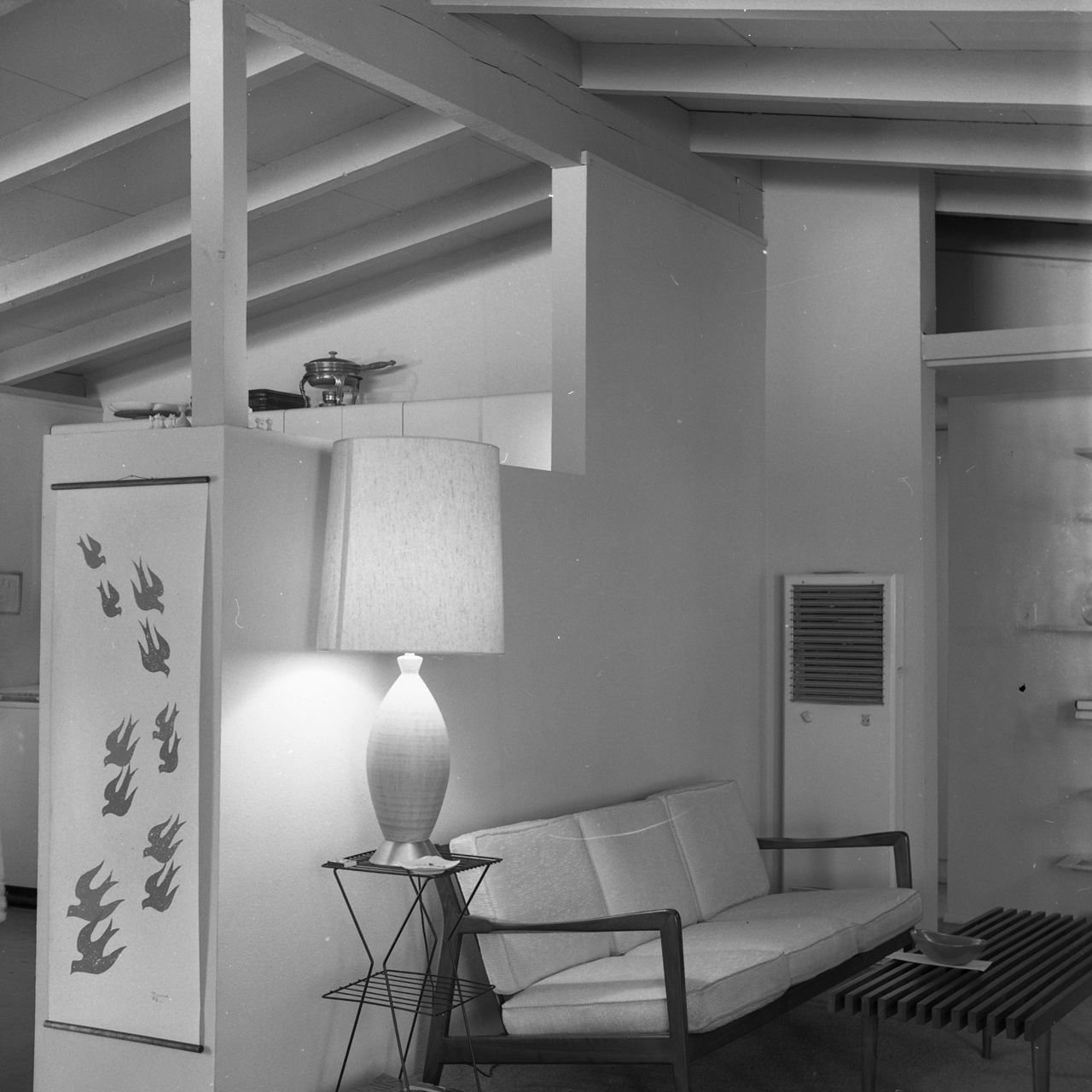A mid-century modern living room in Tujunga, California, with an open-beam ceiling, 1960