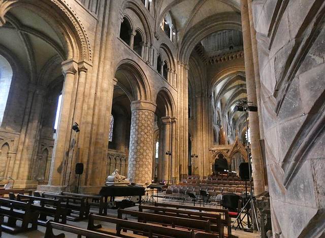 Durham Cathedral nave with huge cylindrical Norman piers, round arches and stone rib vault