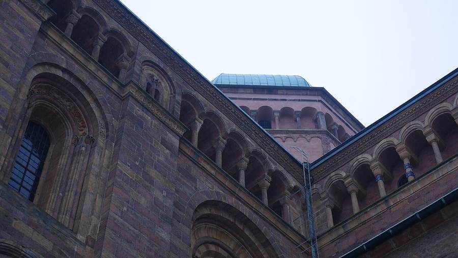 Speyer Cathedral in red sandstone with rounded apse, dwarf gallery and towers