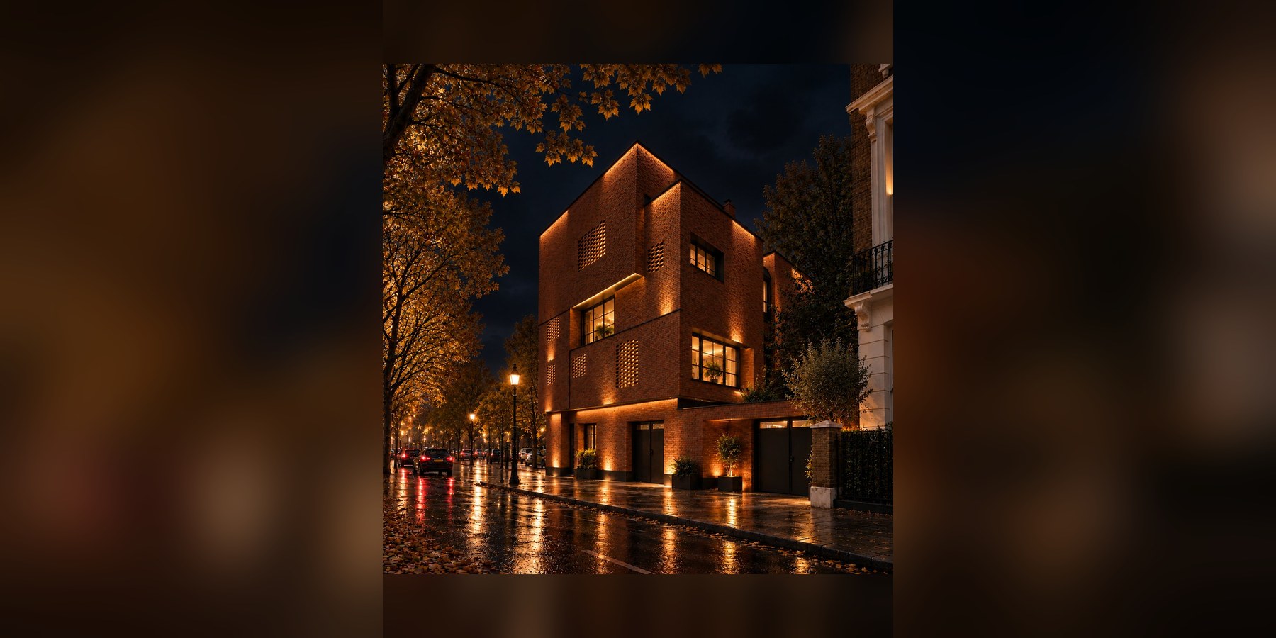 Ajorbaft Villa at night — the woven-brick facade glowing above a wet street