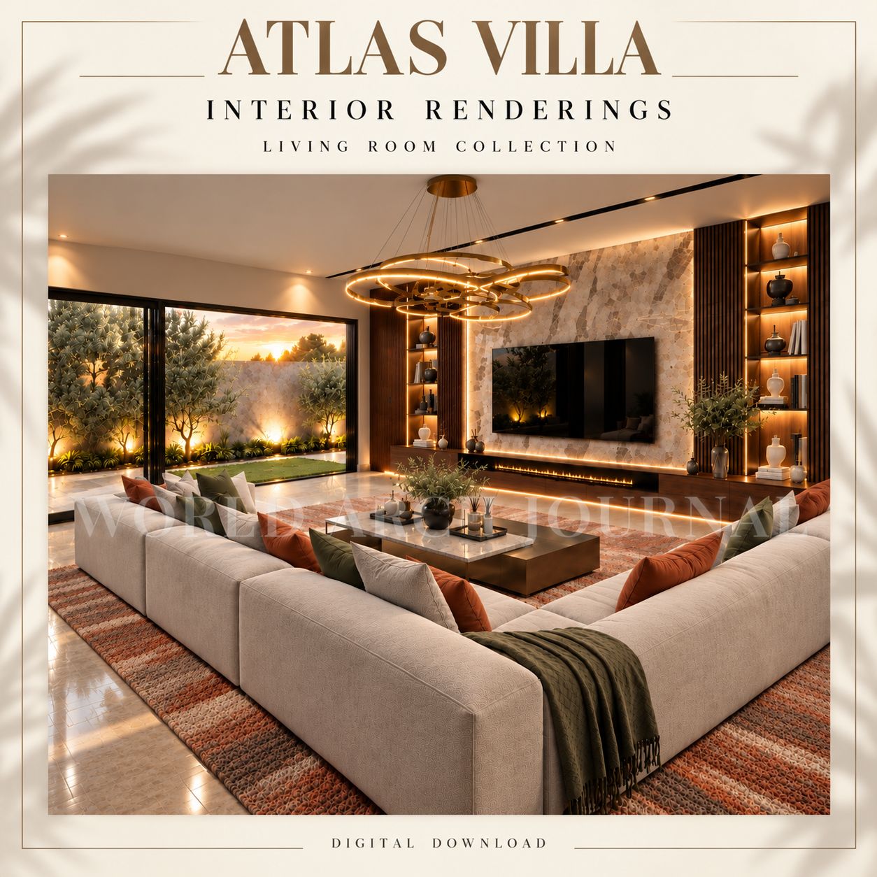 Atlas Villa living room concept render opening toward the garden