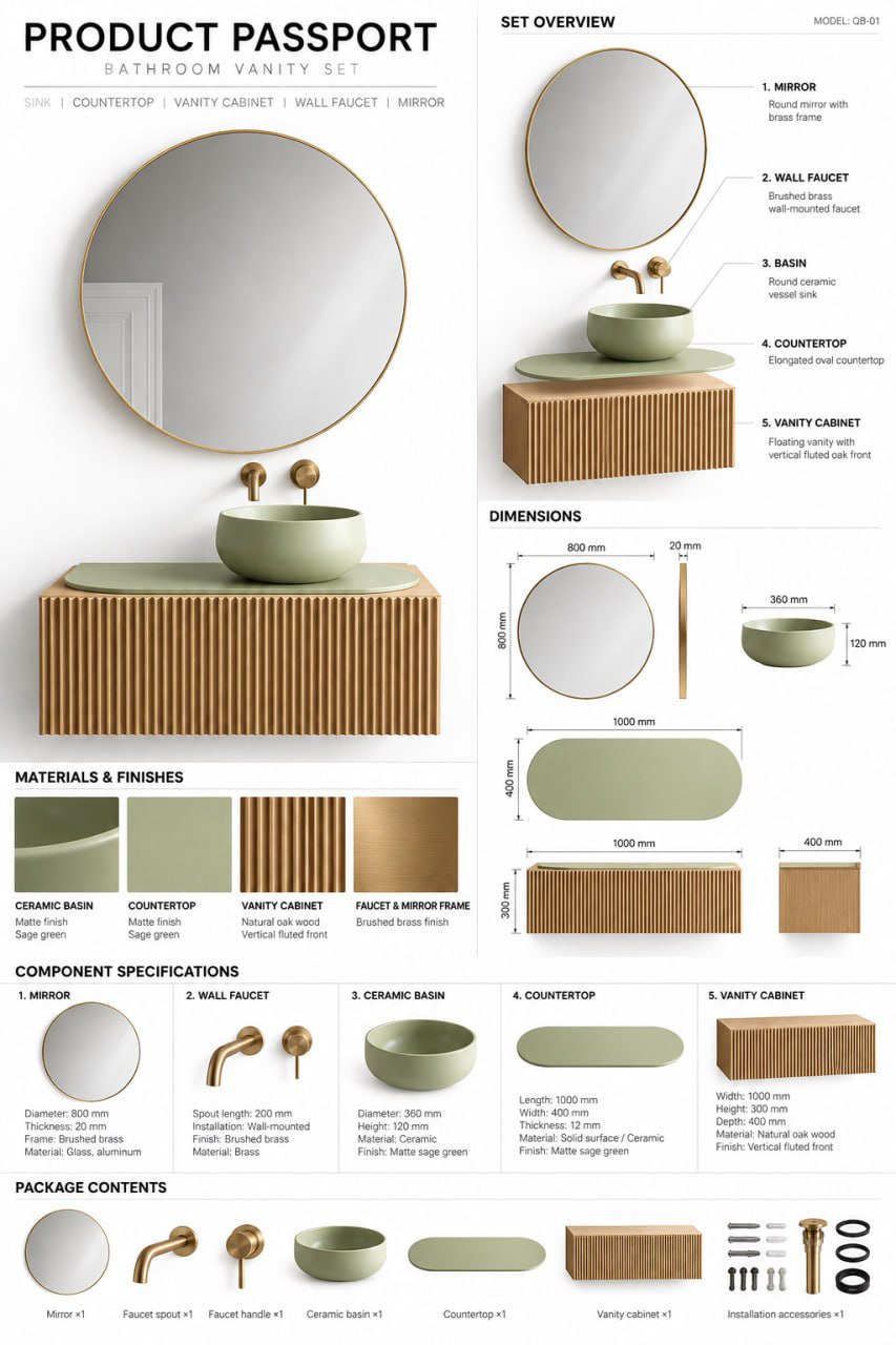Product passport for Bathroom Vanity Set QB-01: round brass-framed mirror, brushed brass wall faucet, sage-green ceramic basin and countertop, and floating fluted oak vanity cabinet with dimensions and finishes
