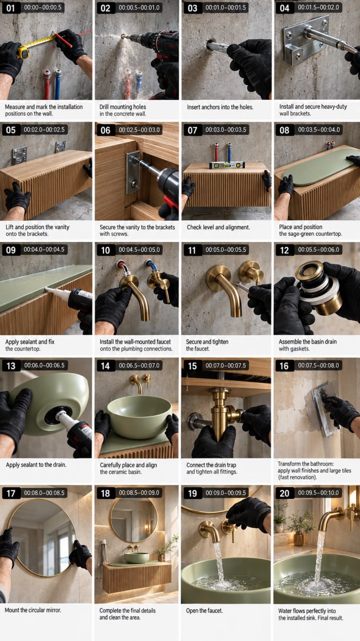Twenty-frame storyboard of a bathroom vanity installation, from measuring and drilling to mounting the mirror and running water into the sage-green basin