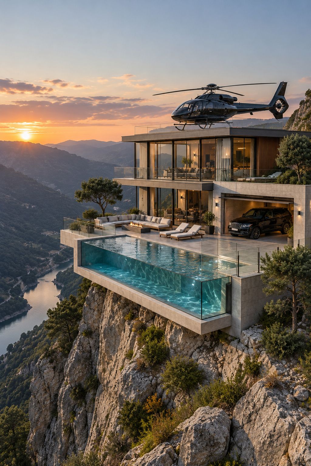 AI-generated reference image of a cliffside luxury residence, pool and rooftop helicopter at sunset