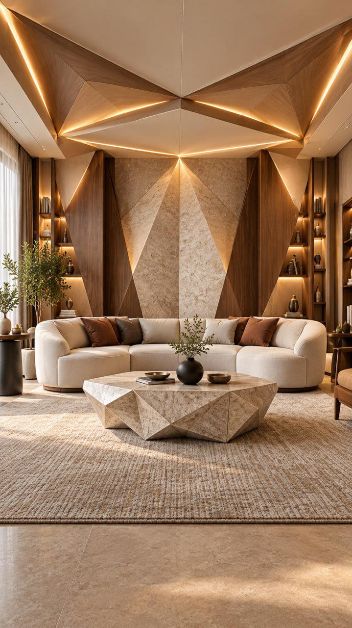 Final-frame reference of a luxury living room with faceted walnut and travertine origami walls and ceiling, a curved cream sectional sofa and a polygonal stone coffee table