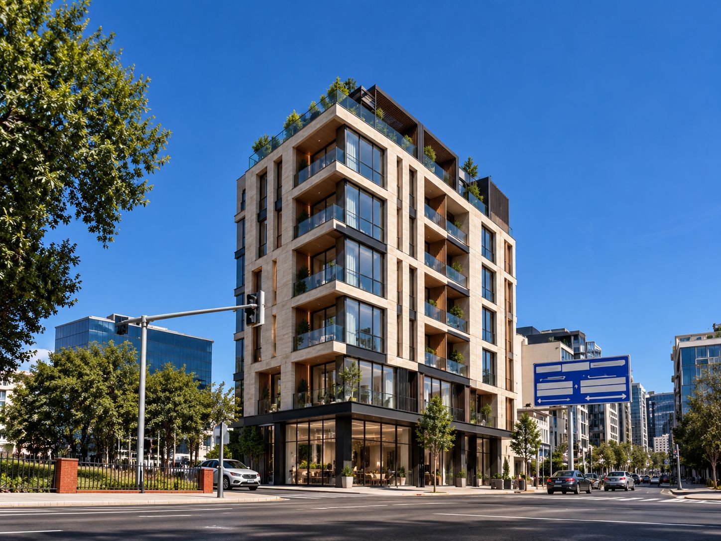 Final-frame reference of an eight-storey travertine residential building with glass balconies and a dark rooftop pergola on a city street corner