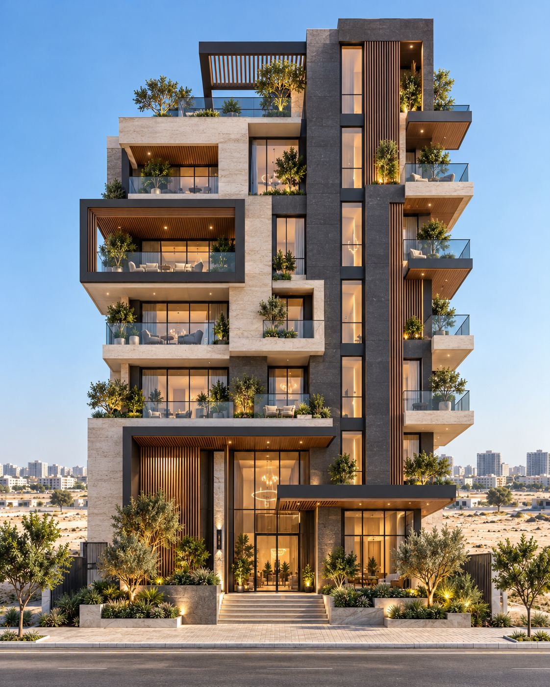 Final-frame reference of a six-storey desert residential building with stacked planted terraces, travertine and dark stone panels and vertical timber slats