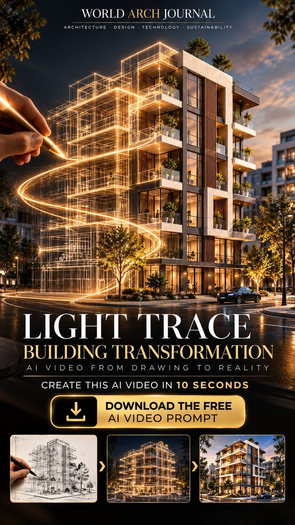 Light-Trace Wireframe to Real Building: Video Prompt prompt preview