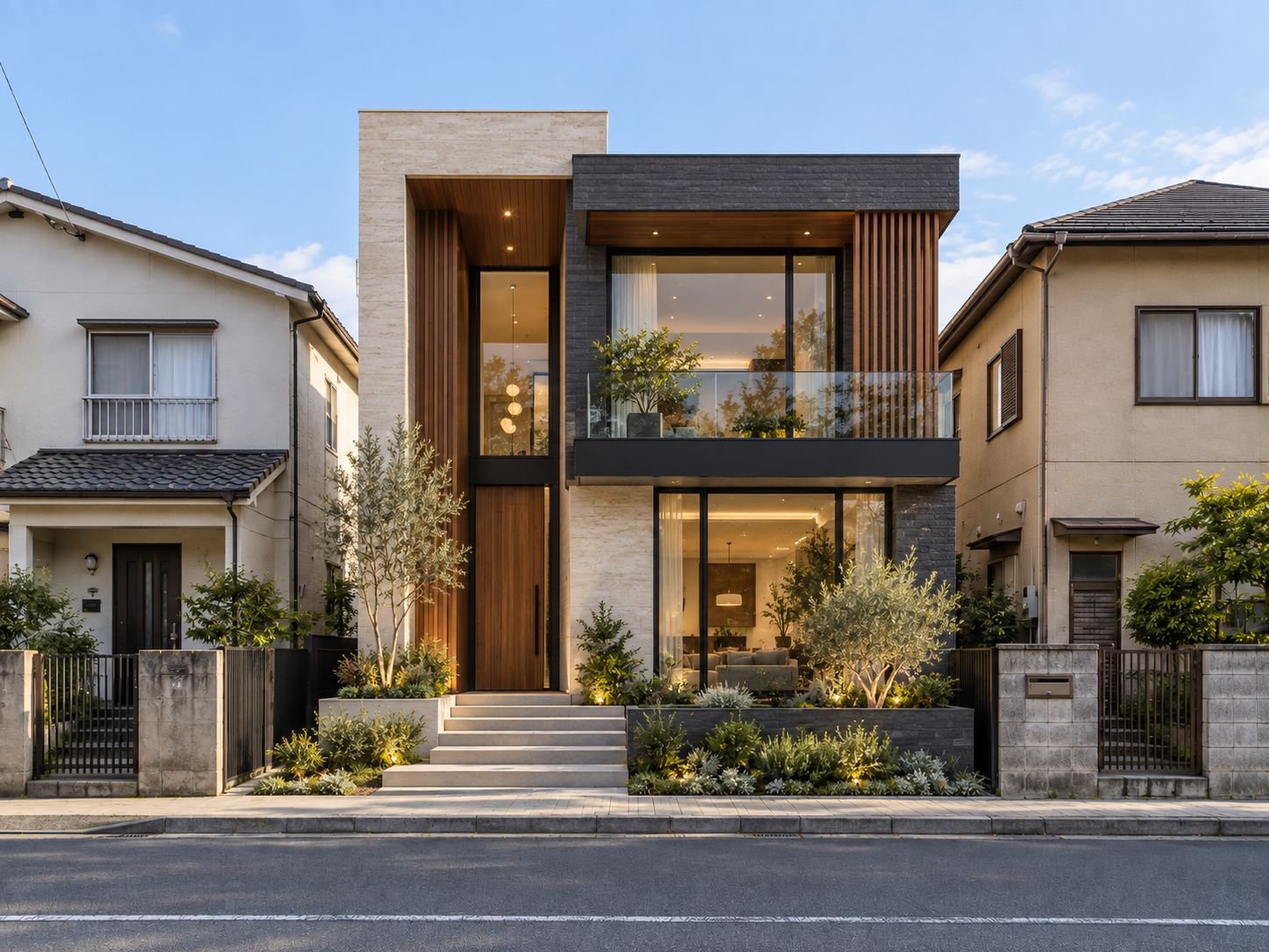 Final-frame reference of a two-storey modern house with a tall timber entrance bay, dark stone and travertine facade, glass balcony and landscaped front garden