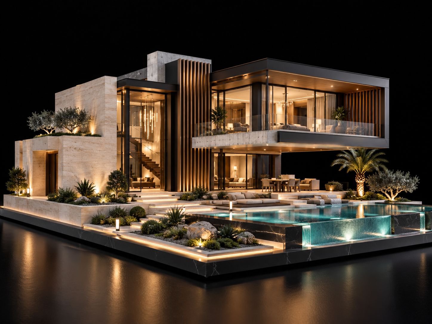 Final-frame reference of a luxury modern villa at night with travertine and concrete volumes, a cantilevered glass upper floor, vertical timber slats and an infinity pool