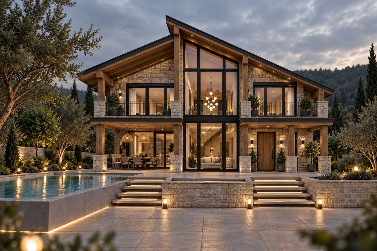 Reference image of a contemporary stone and timber house with a pool