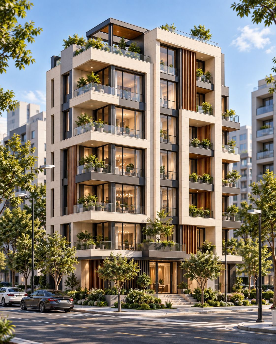 Final-frame reference of a seven-storey pale-stone residential building with planted glass balconies, vertical timber slat panels and a rooftop pergola terrace on a leafy street corner