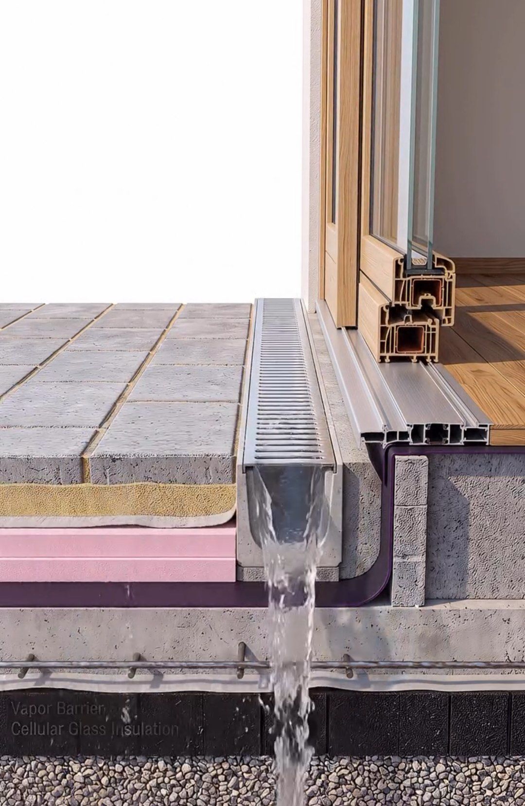 AI-generated section concept showing terrace paving, a linear drain and a glazed door threshold
