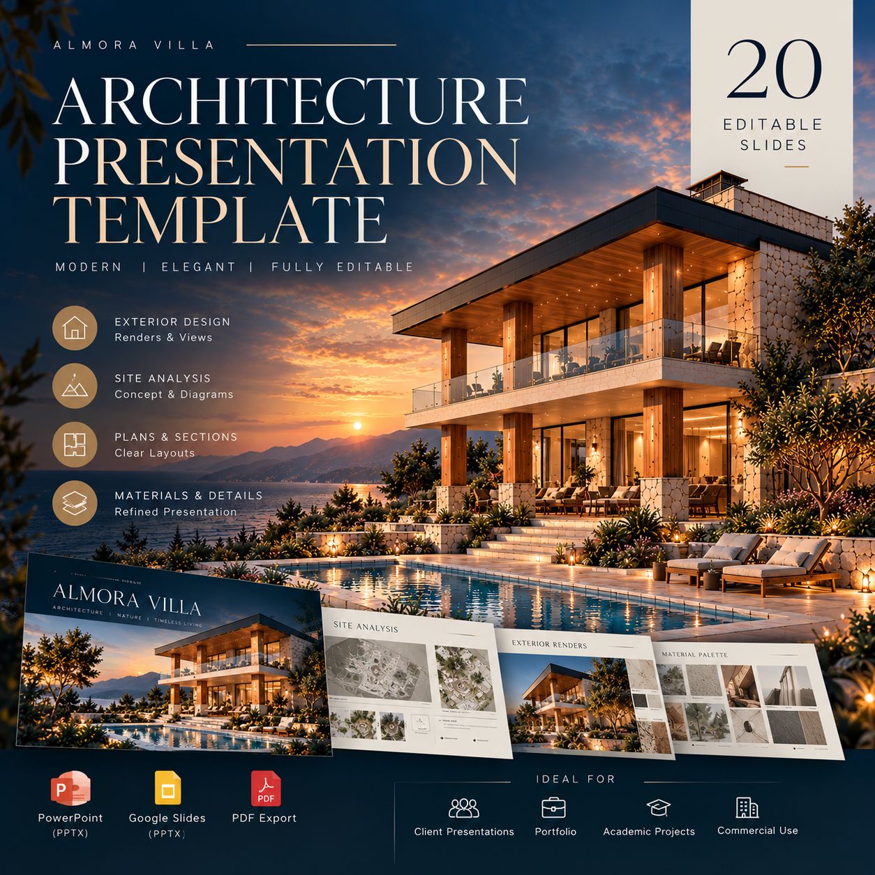 Almora Villa 20-slide editable architecture presentation template with sunset villa render and sample layouts