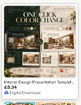 Interior design PowerPoint presentation template preview with floor-plan, living-room and material-palette slides
